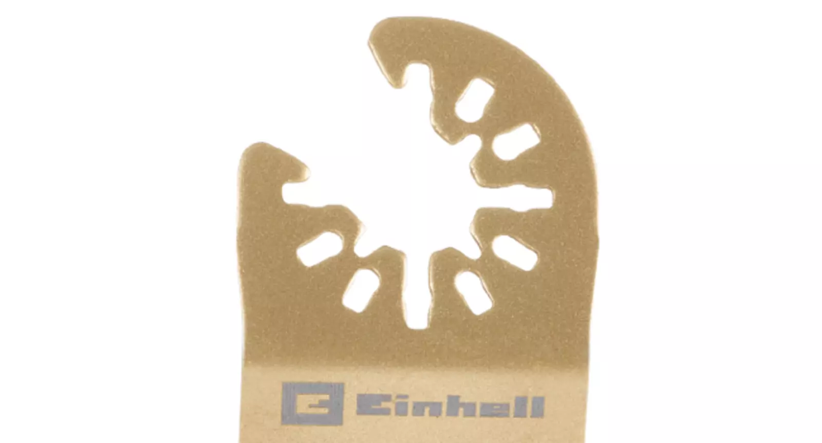 Nahaufnahme der goldfarbenen Universalaufnahme einer HM-Fingerraspel mit Einhell-Logo.
