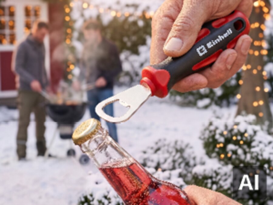 Hand opening a bottle with a red and black Einhell bottle opener in a wintry setting.