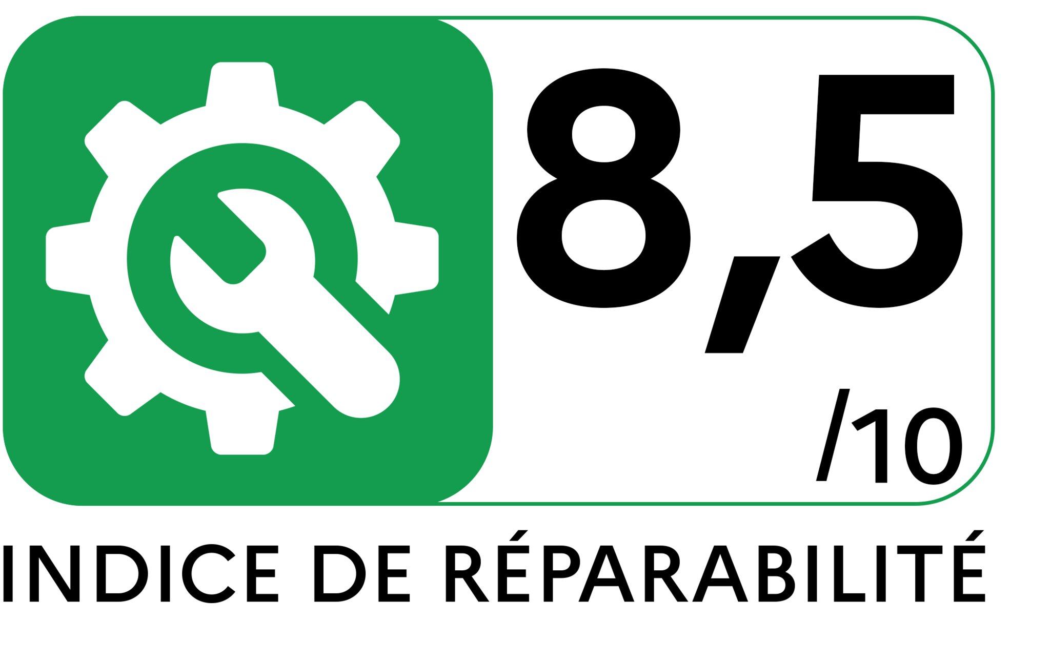 Repairability index logo with a white gear and wrench on a green background, next to a score on a scale from 1 to 10. The repairability index amoounts 8,5.