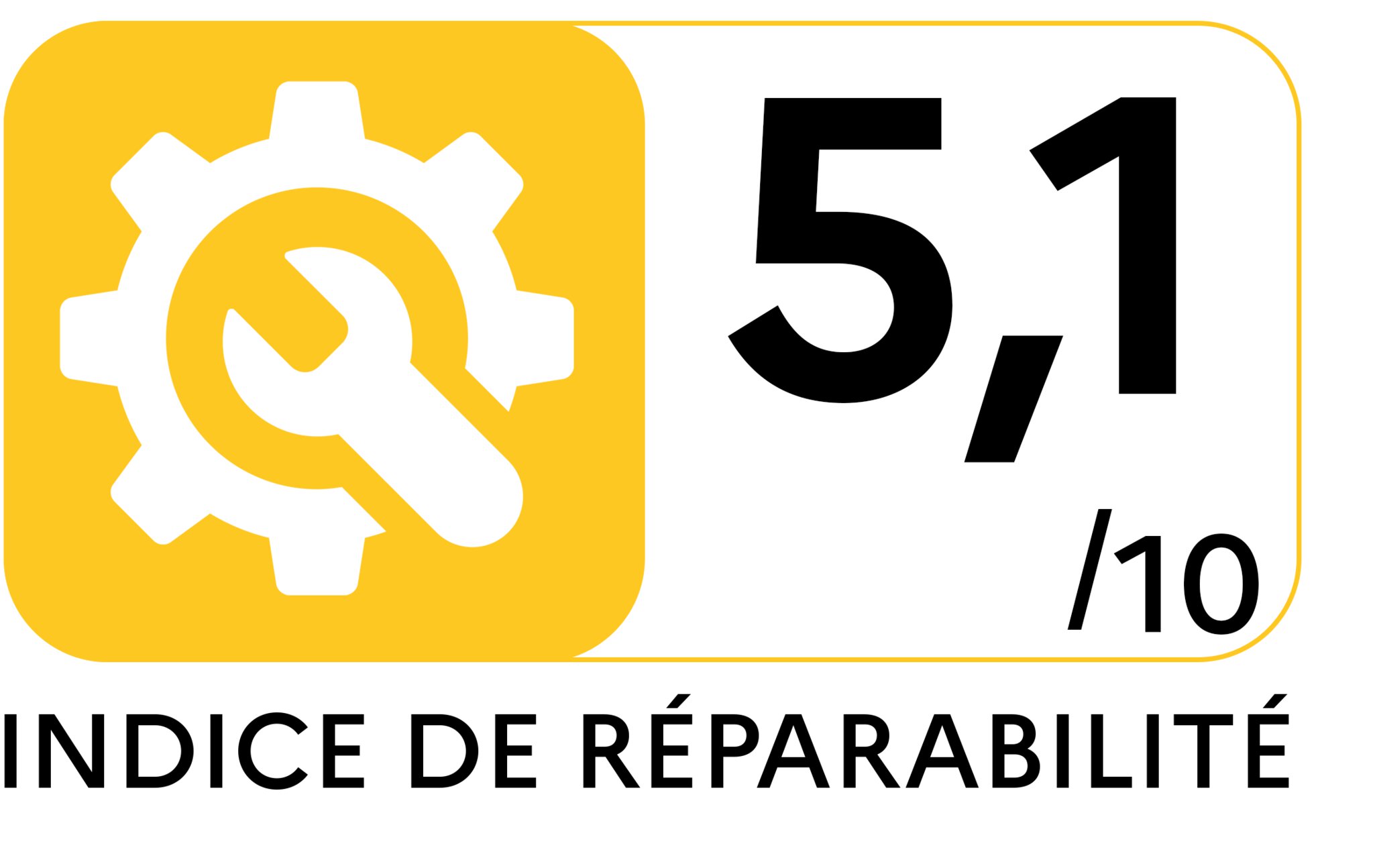 Repairability index logo with a white gear and wrench on a green background, next to a score on a scale from 1 to 10. The repairability index amounts 5,1.