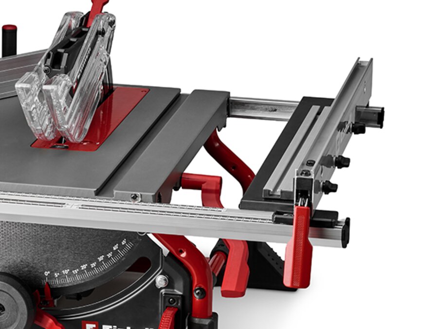 Side view of the work table of the Einhell cordless table saw TE-TS 36/10 T Li - Solo with workpiece inserted.
