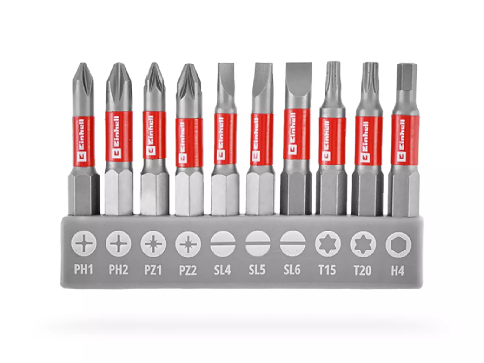 Zehnteiliges Bit-Set von Einhell mit roter Ummantelung, bestehend aus verschiedenen Kreuzschlitz-, Pozidriv-, Schlitz-, Torx- und Innensechskant-Bits in grauer Halterung, auf weißem Hintergrund freigestellt.