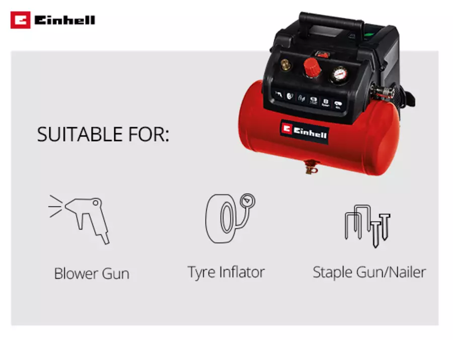 The Einhell compressor TC-AC 190/6/8 OF with red 6-litre tank and black housing is shown on the right. On the left, a graphic overview with icons and text: suitable for blow gun, tyre inflator and stapler/nailer. The Einhell logo is at the top left.