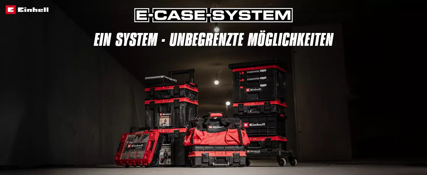 Mehrere stapelbare Einhell E-Case-Systemboxen in Schwarz und Rot, ergänzt durch eine rote Werkzeugtasche; darüber der Schriftzug „Ein System – unbegrenzte Möglichkeiten“.