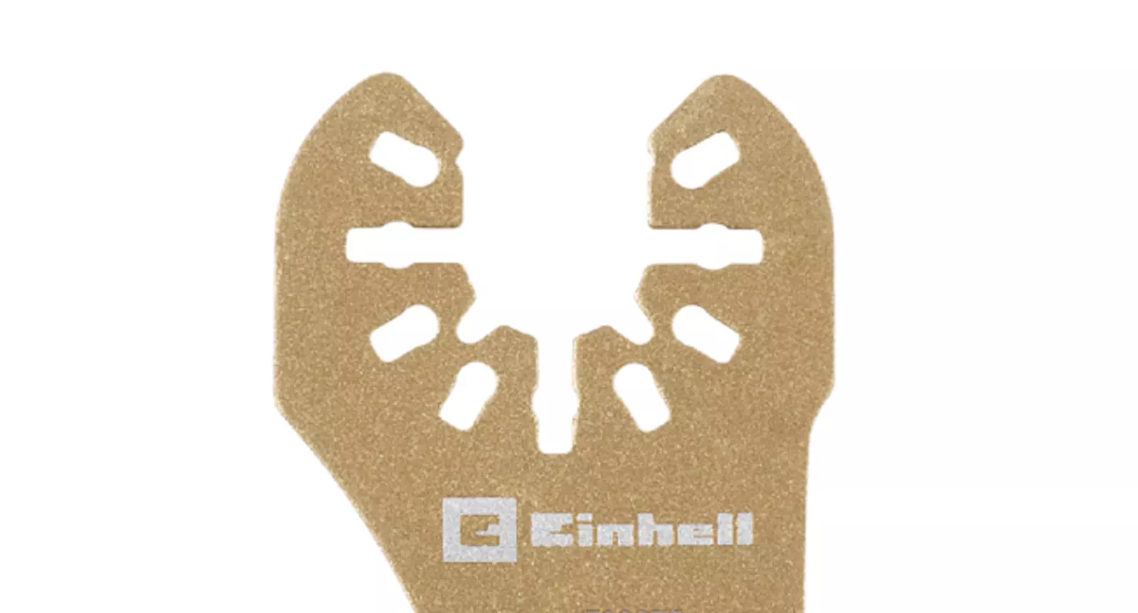 Close-up of the open-back mount of a gold-coloured Einhell carbide segment blade for tool-free installation on multifunction tools.