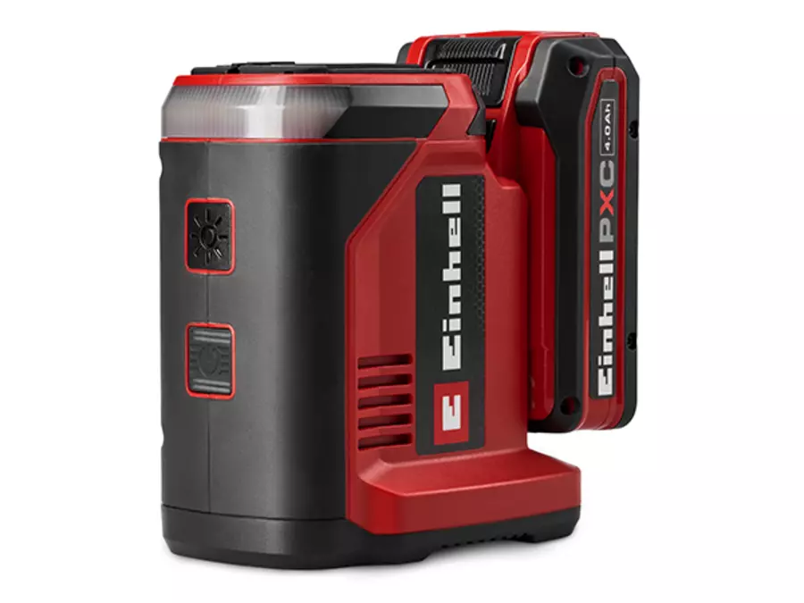 Die Einhell Akku-Energiestation TC-ES 18/150/1 Li-Solo mit eingelegtem Power X-Change Akku auf weißem Hintergrund.