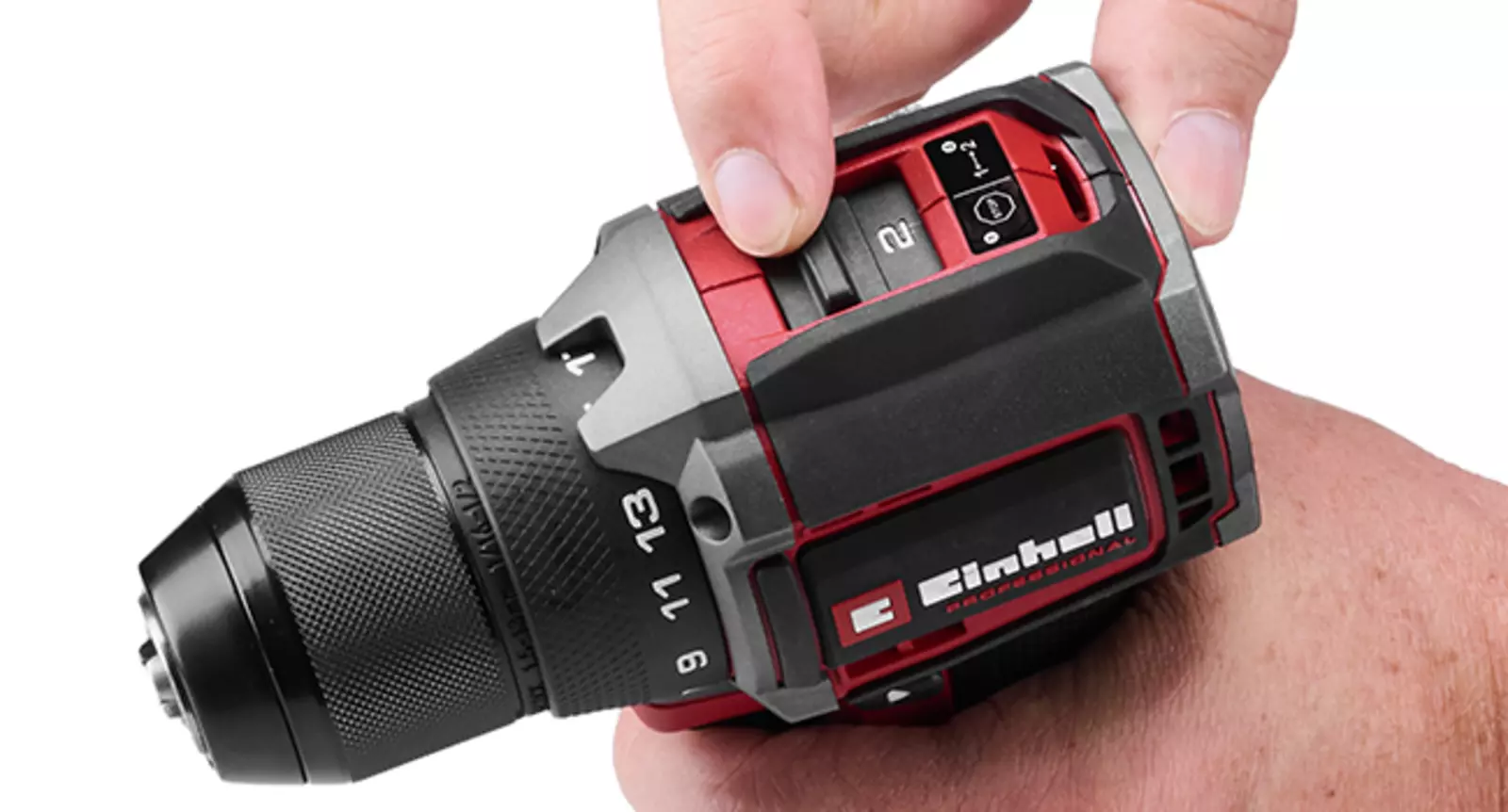Nahaufnahme des Einhell Akku-Bohrschraubers TP-CD 18/50-C Li BL mit Fokus auf die Einstellung des 2-Gang-Getriebes per Schiebeschalter.