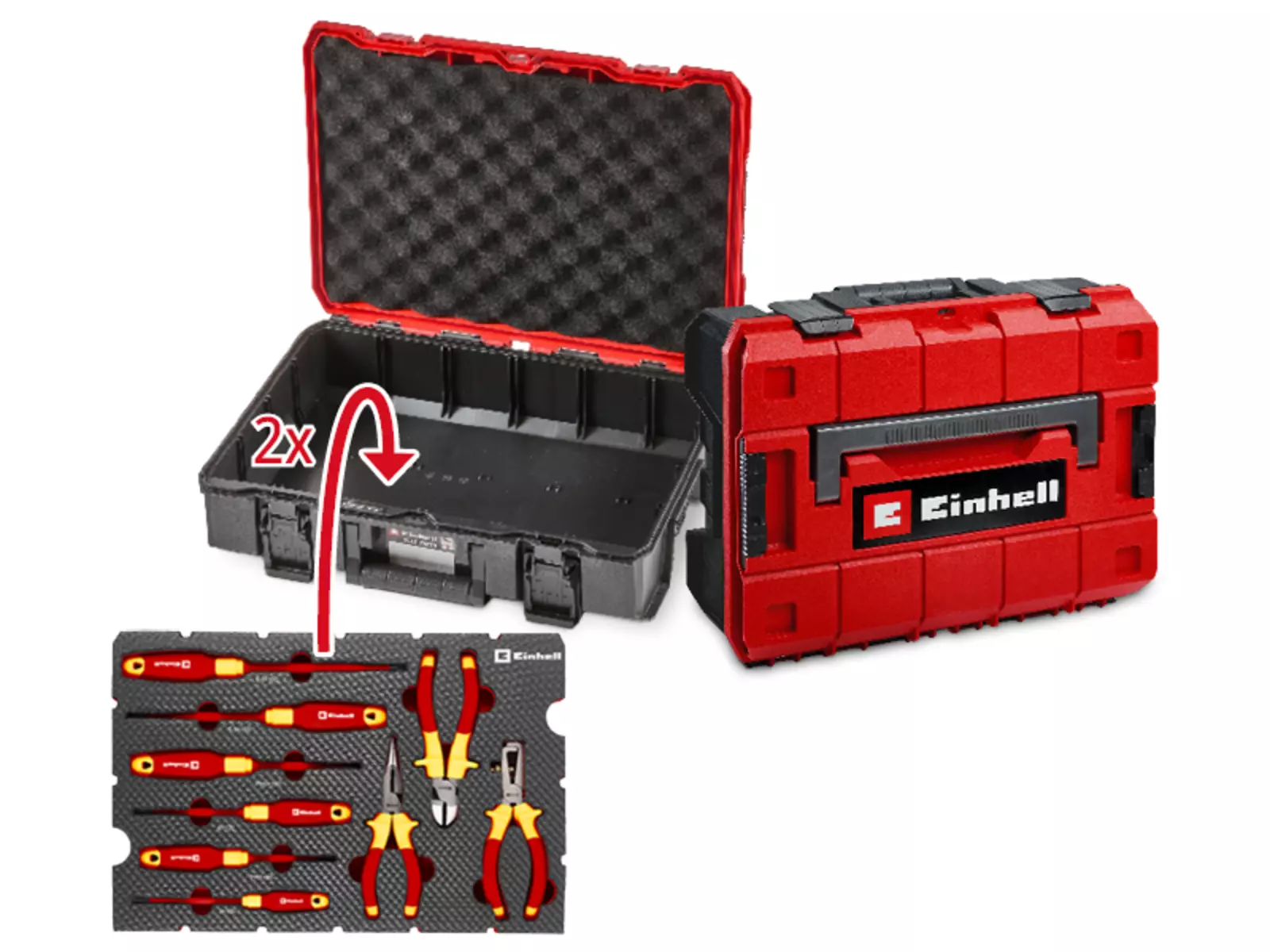 Einhell E-Case S-F shown open and closed; next to it, one carbon-look EVA tool insert with note indicating space for two inserts.