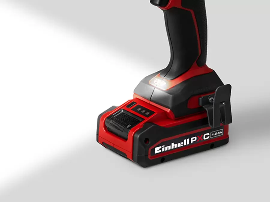 The Einhell cordless circular saw TP-CWD 18/7501-C Li BL +6 S-F with LED light switched on.