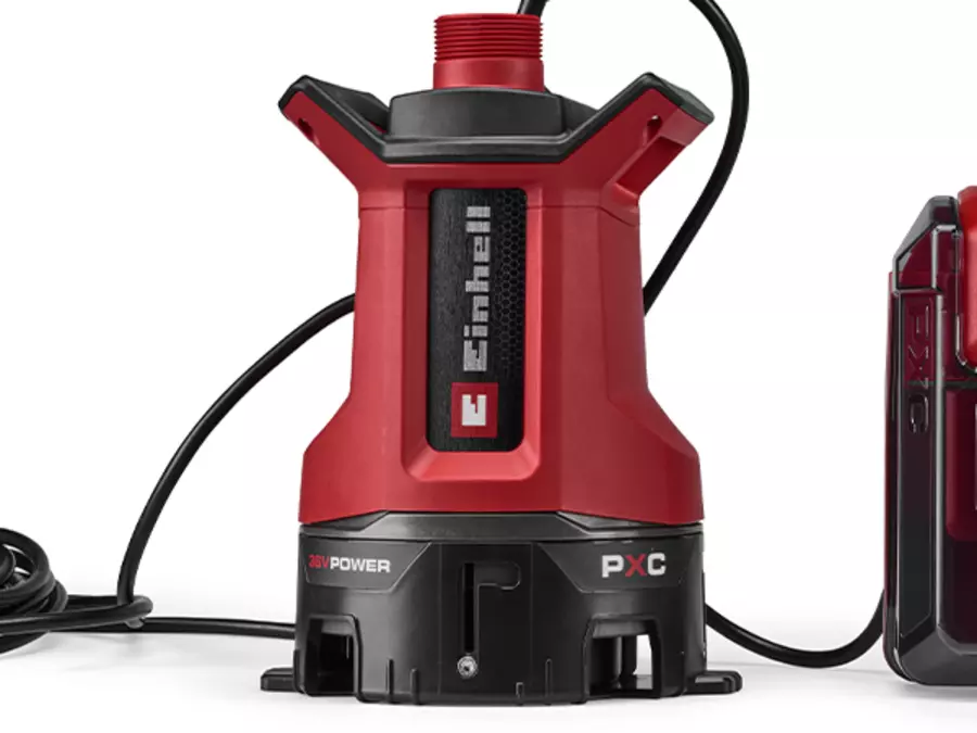 Einhell cordless dirty water pump GE-DP 36/35 LL Li-Solo in operation with connected battery and hose.