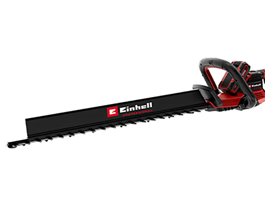 The Einhell cordless hedge trimmer GP-CH 36/65 Li BL-Solo with attached clippings collector on a white background.