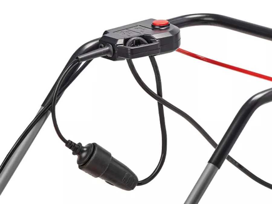 Cable strain relief on the handlebar of the Einhell electric lawn mower GC-EM 1800/43 for secure cable routing.