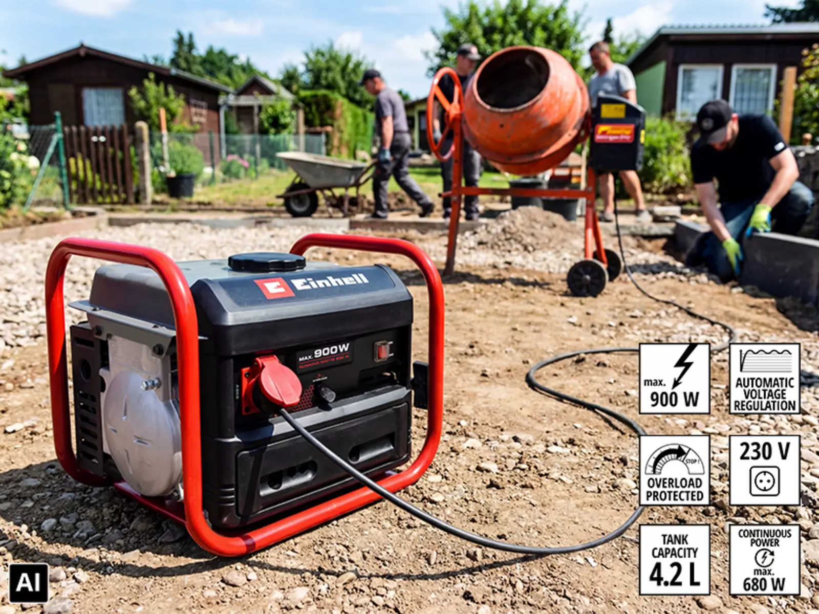 The Einhell TC-PG 900 power generator supplies a concrete mixer with electricity on a construction site; icons for power and features are shown.