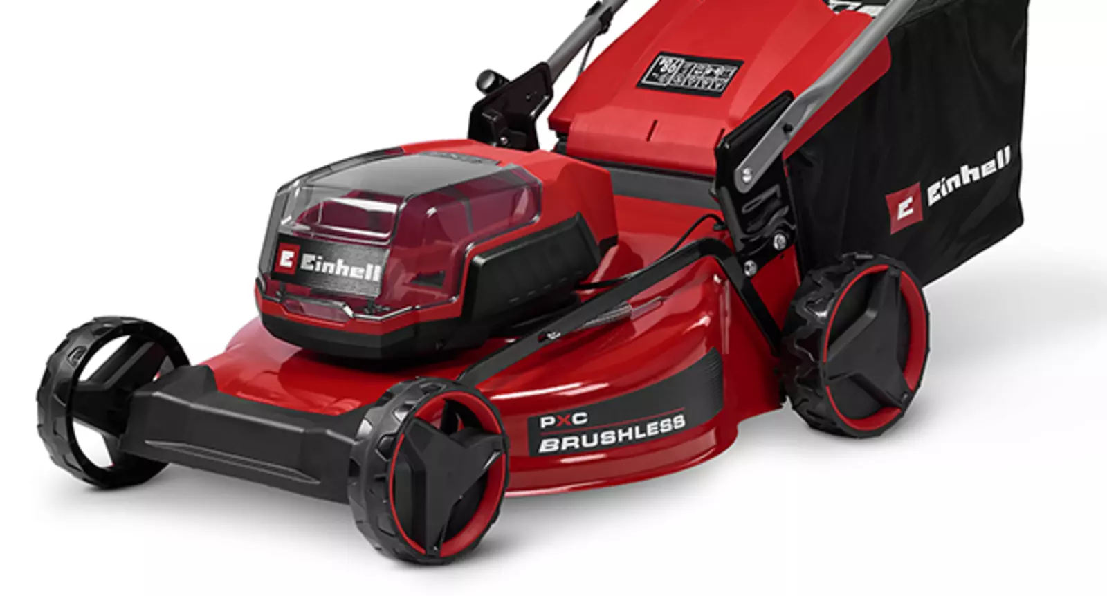 O Einhell corta-relva a bateria GC-CM 36/51 S Li BL (2x5,2Ah) visto de frente, com plataforma de aço robusta e cesto de recolha montado.