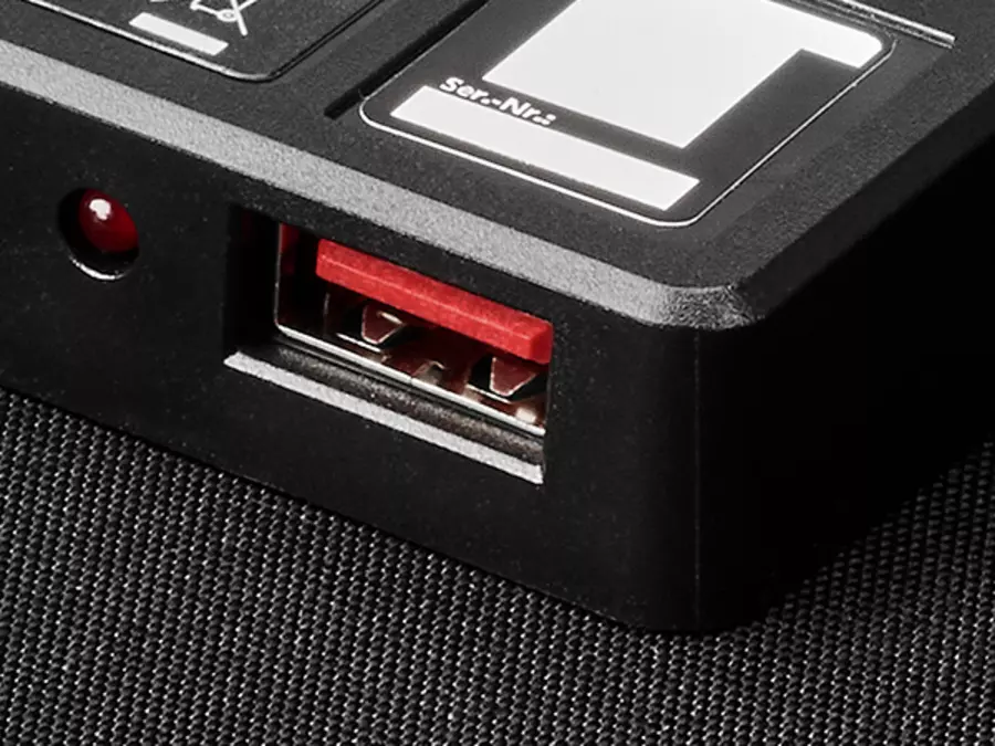 Close-up of a USB-A port on the Einhell solar panel for direct power supply.