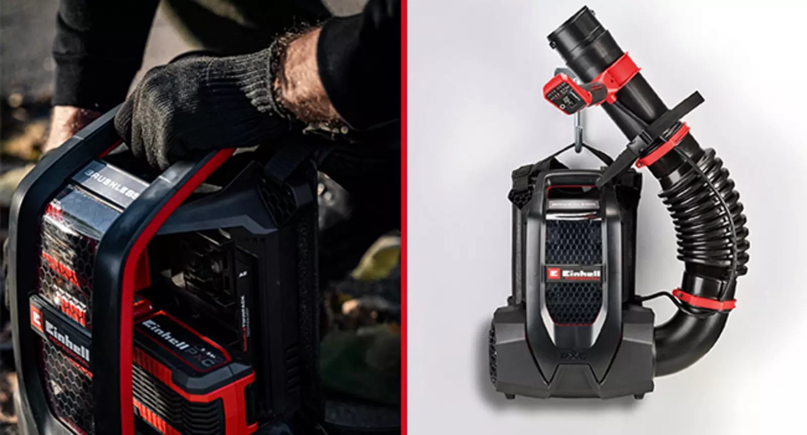 The Einhell Professional Cordless Leaf Blower GP-LB 36/280 Li E BL-Solo with carry handle and wall mount.