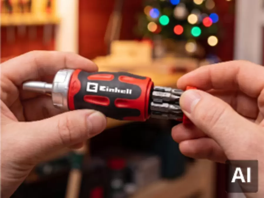 Hands change a bit on a red and black Einhell bit holder with bit magazine in front of a blurred Christmas tree with colourful lights.