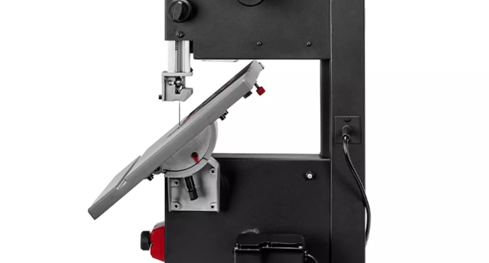 The tiltable saw table of the Einhell TC-SB 245/1 L band saw is adjusted sideways.