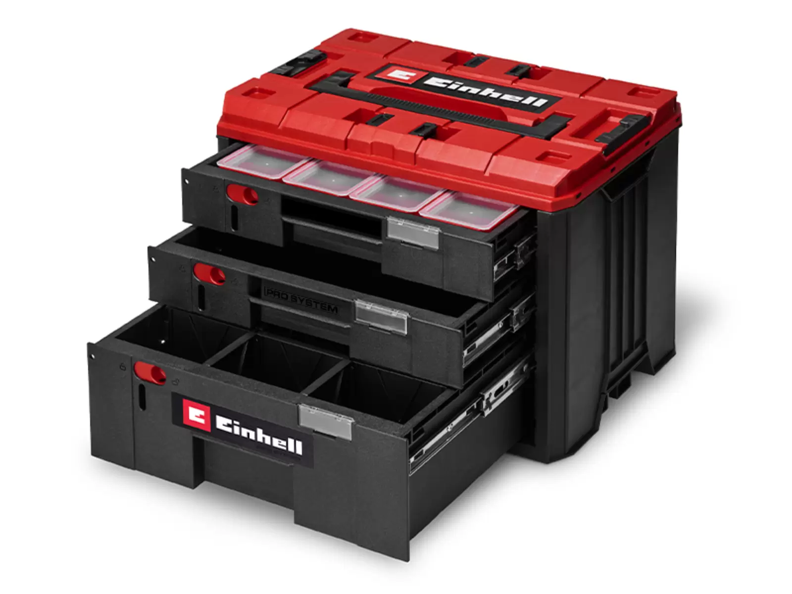Einhell Pro System drawer with three open drawers, fitted with various compartment sizes and organiser inserts.