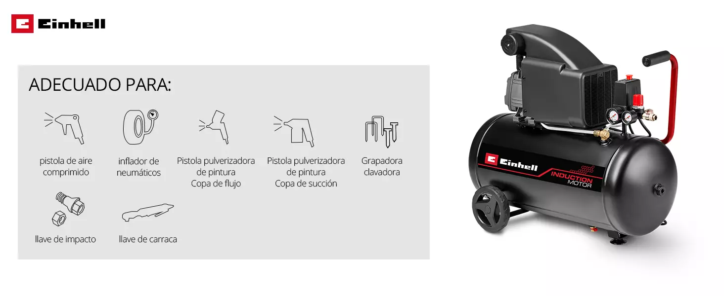 El compresor Einhell TC-AC 270/50/10 con accesorios, apto para pistolas de aire comprimido, infladores de neumáticos, pistolas pulverizadoras de pintura, grapadoras, llaves de carraca y llaves de impacto.