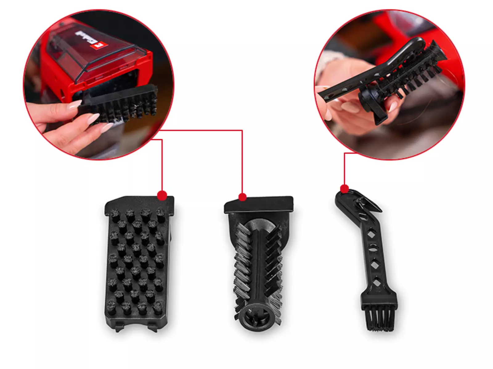 The Einhell cordless spot cleaner TE-SCL 18/200 Li-Solo with rotating brush, fixed brush attachment and cleaning tool.