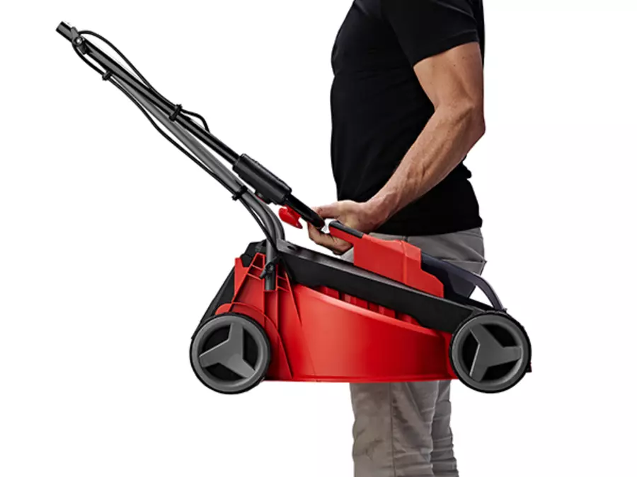 The Einhell cordless lawn mower GE-CM 18/30 Li (1x3.0Ah) is carried upright by a handle.