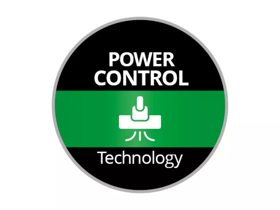 Logotipo redondo com fundo preto e verde, com o texto “POWER CONTROL Technology” acima de um ícone de máquina com três linhas abaixo.