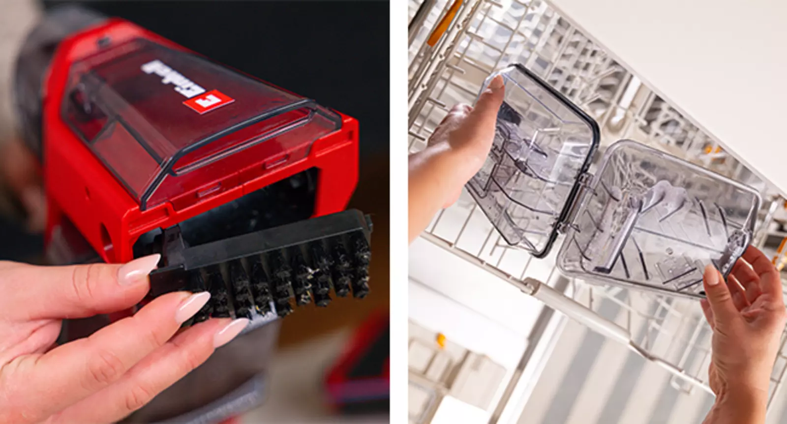 The Einhell cordless spot cleaner TE-SCL 18/200 Li-Solo with a detachable brush, and tanks opened and placed in the dishwasher.