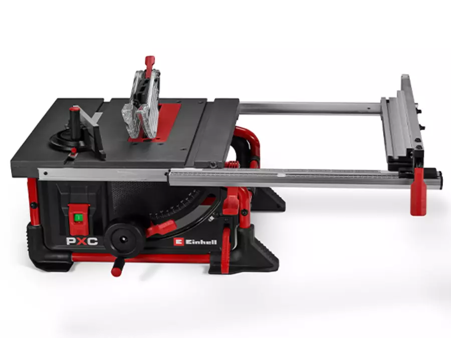 Die Einhell Akku-Tischkreissäge TE-TS 36/8 T Li-Solo mit seitlich ausgezogener Tischverbreiterung zur Vergrößerung der Arbeitsfläche.