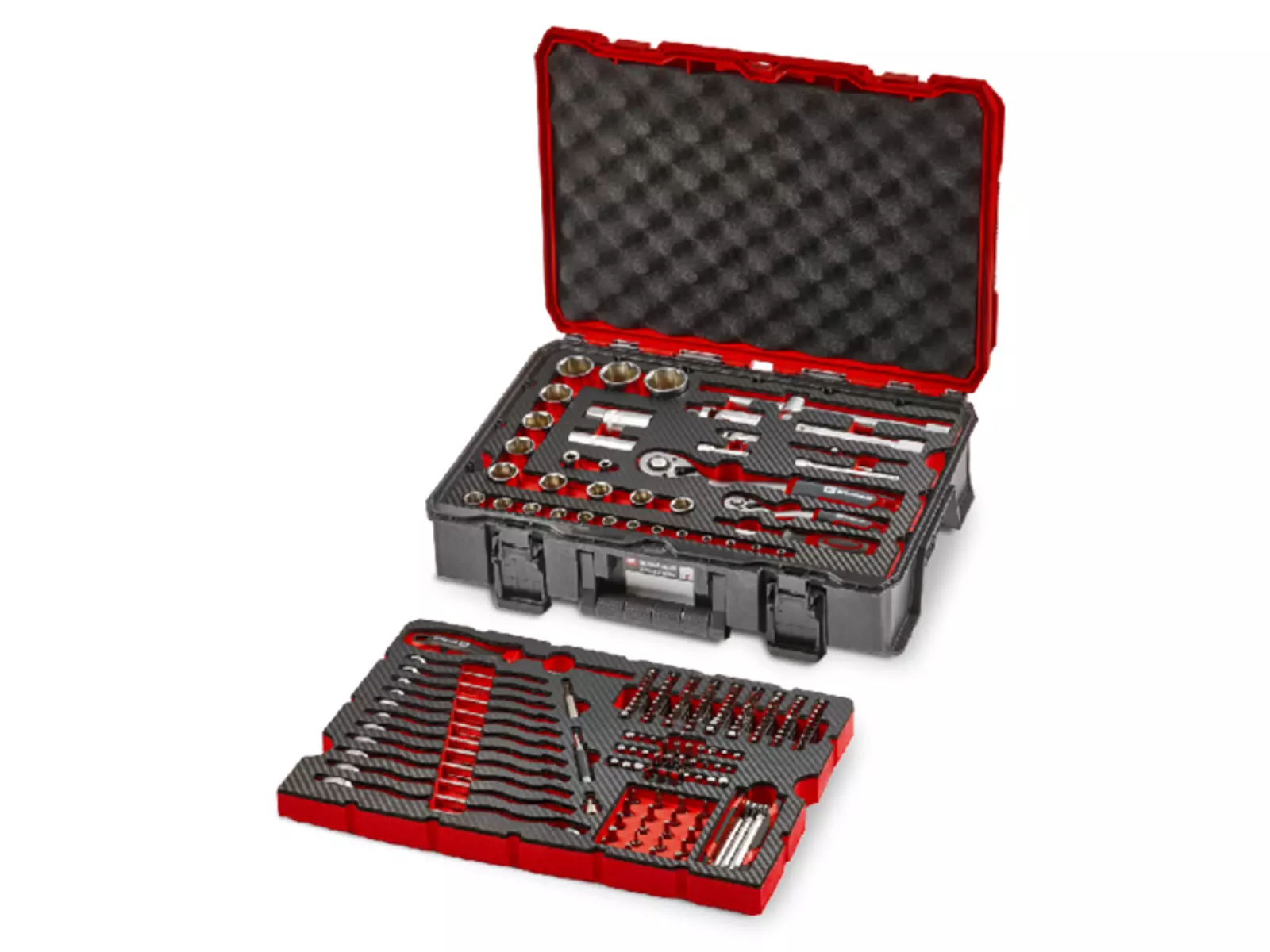 Opened two-part Einhell tool case in black and red with carbon-look foam insert; visible ratchets, sockets, wrenches and bits.