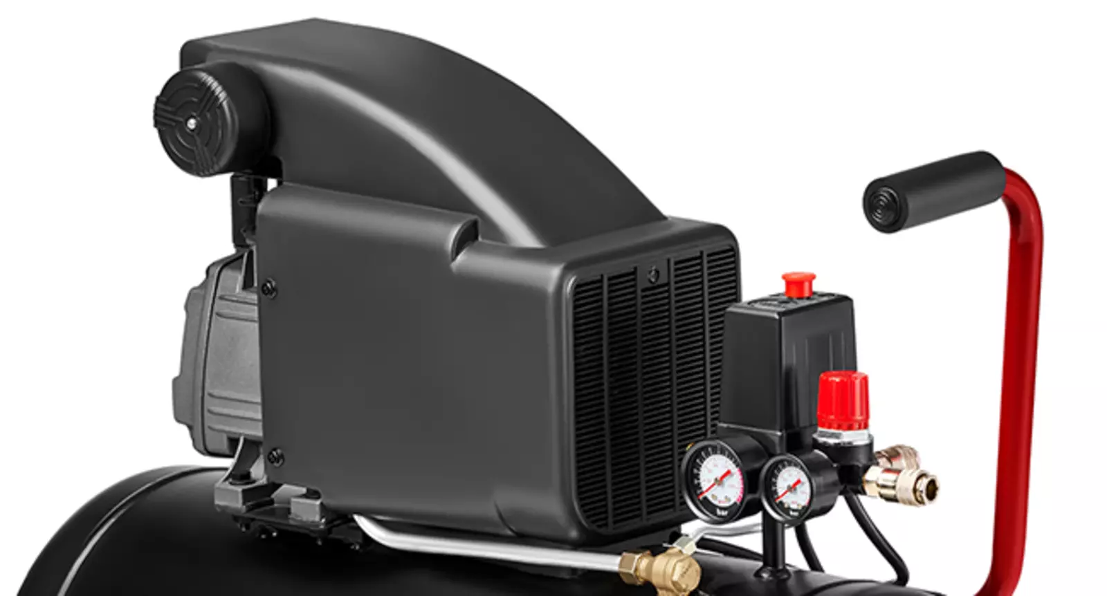 Der Einhell Kompressor TC-AC 270/50/10 mit schwarzem Motorblock und rotem Griff, Ansicht von schräg oben.