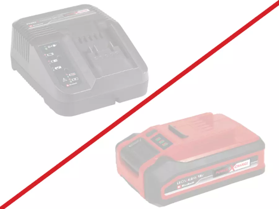 A bateria e o carregador Einhell são mostrados em cinzento e não estão incluídos no escopo de fornecimento.