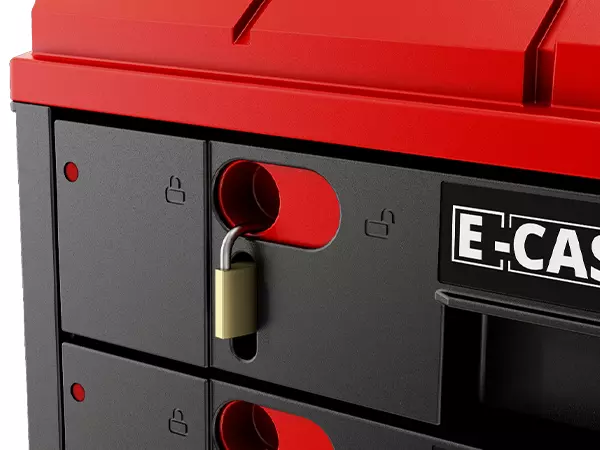 Close up of the drawer lock on the Einhell E-Case drawer case.