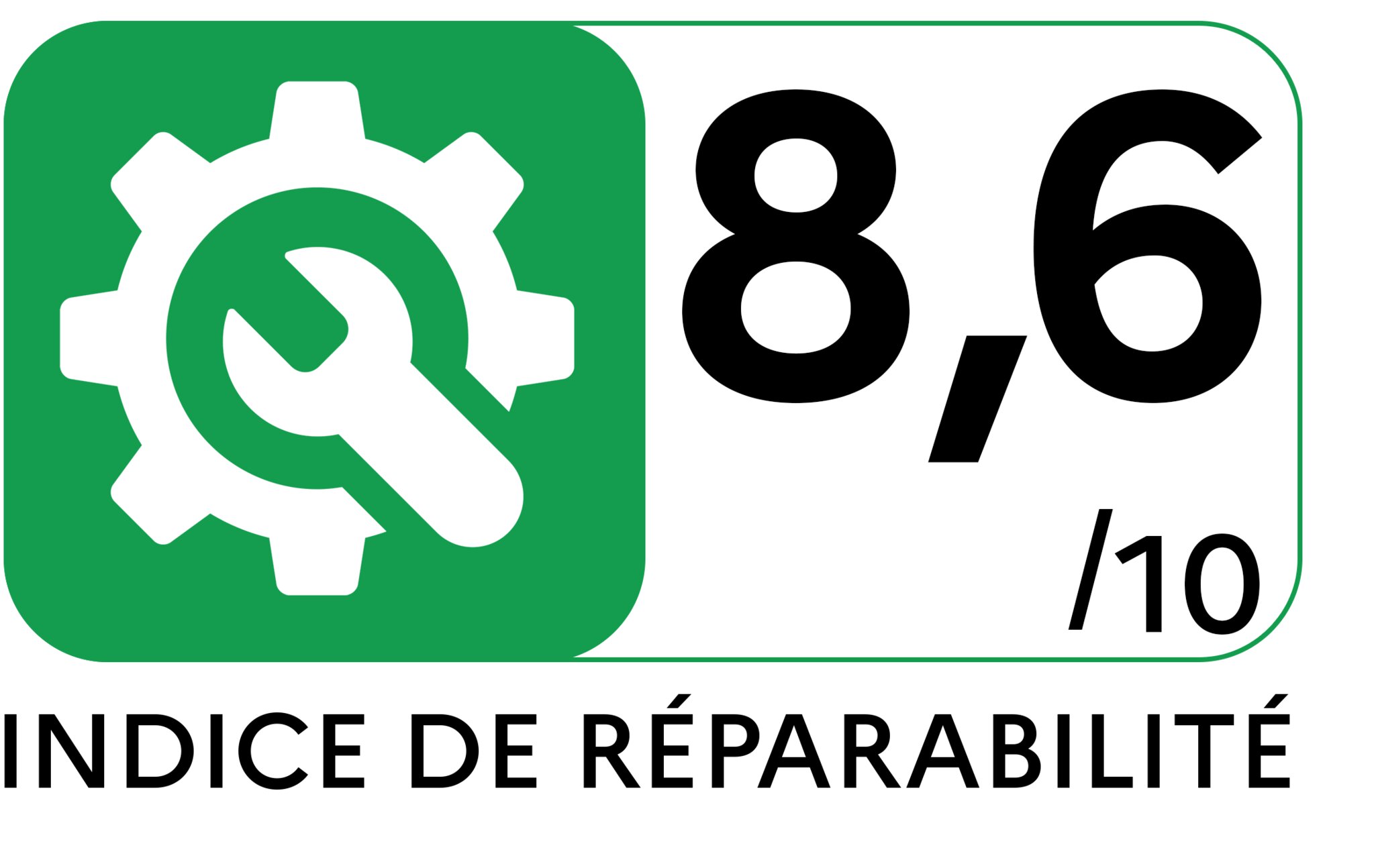 Repairability index logo with a white gear and wrench on a green background, next to a score on a scale from 1 to 10. The repairability index amounts 8,6.