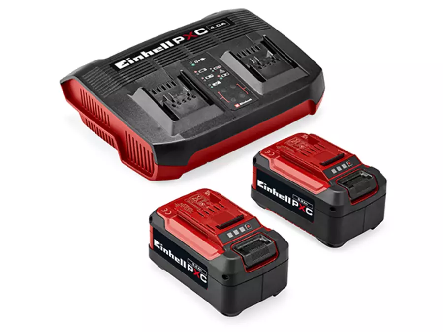 Duas baterias Einhell Power X-Change (2x5,2Ah) e um carregador duplo como acessório para o corta-relva a corta-relva a bateria GC-CM 36/51 S Li BL.