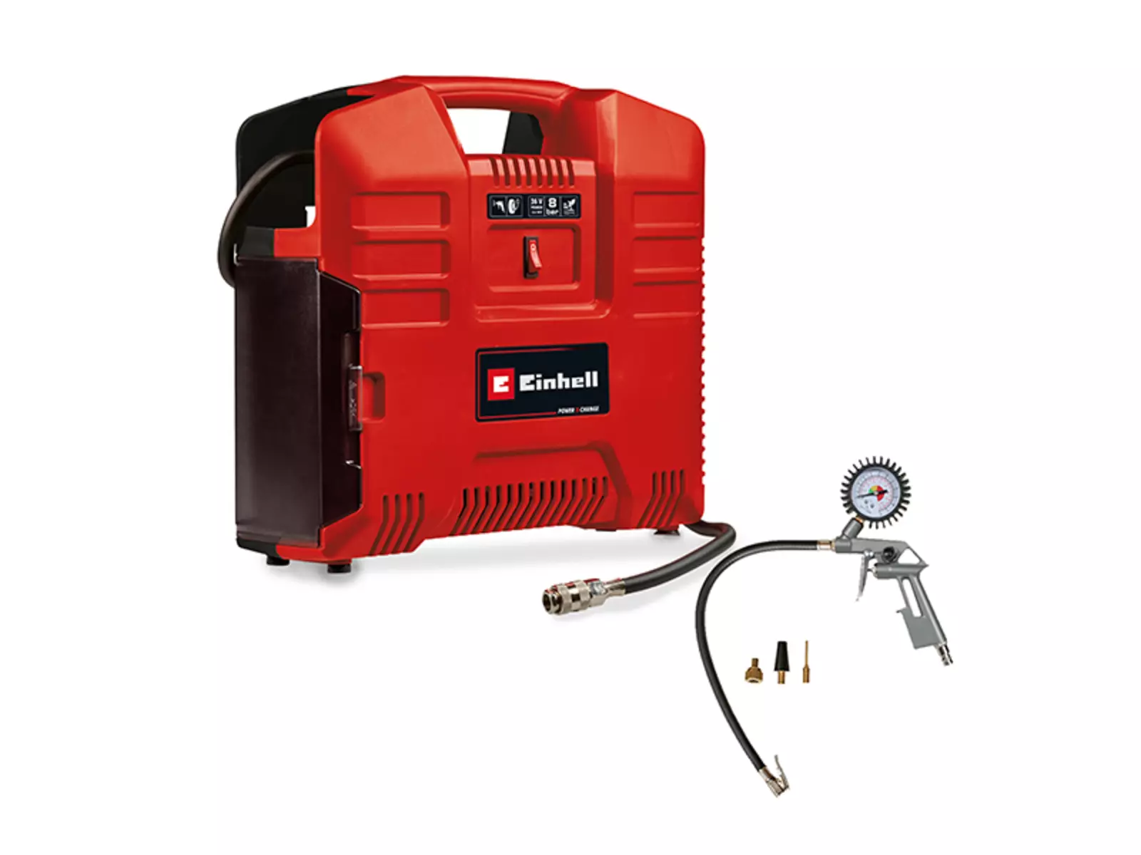 Der Einhell Akku-Kompressor TE-AC 36/8 Li OF Set mit Zubehör: Reifenfüller mit Manometer und drei Adapteraufsätzen.