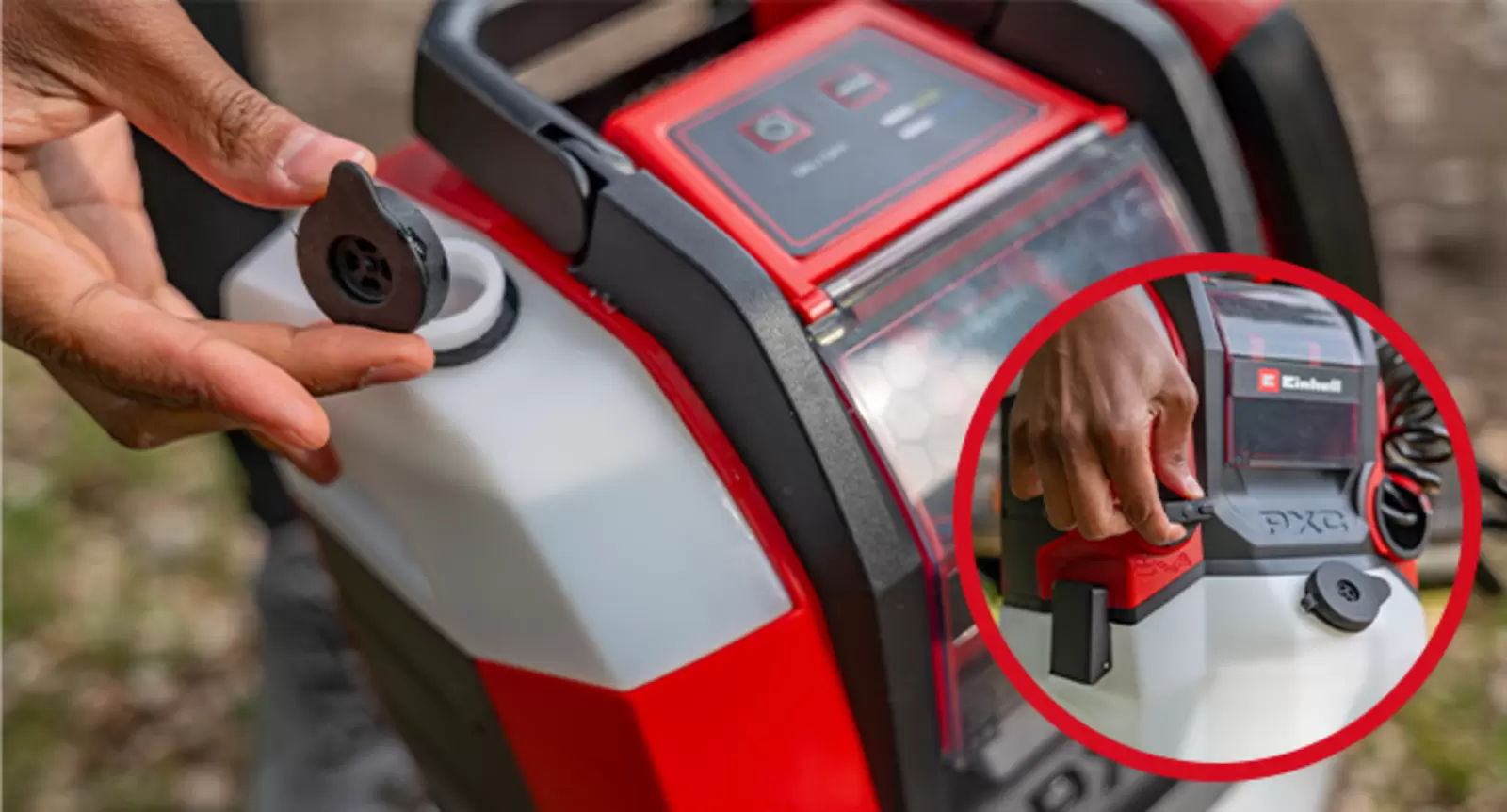 Detail of the Einhell cordless pressure cleaner TE-HP 18/10 Li D-Solo with an open tank cap and rotary switch for selecting the tanks.