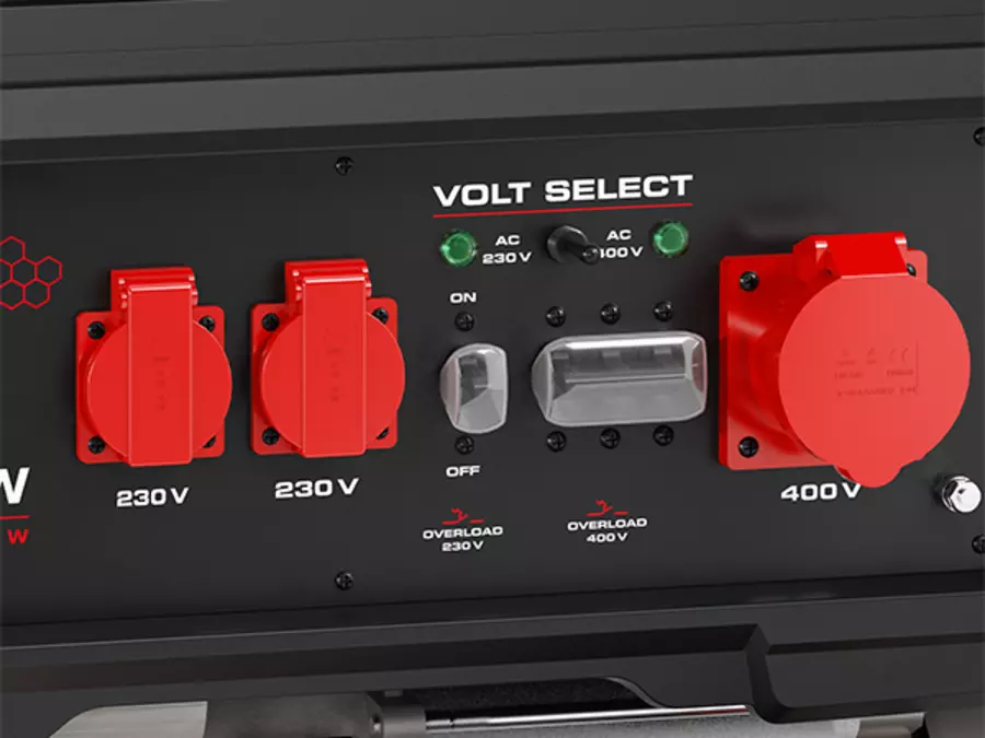 Close-up of the sockets and the ‘Volt Select’ switch on the Einhell TC-PG 6700 generator.