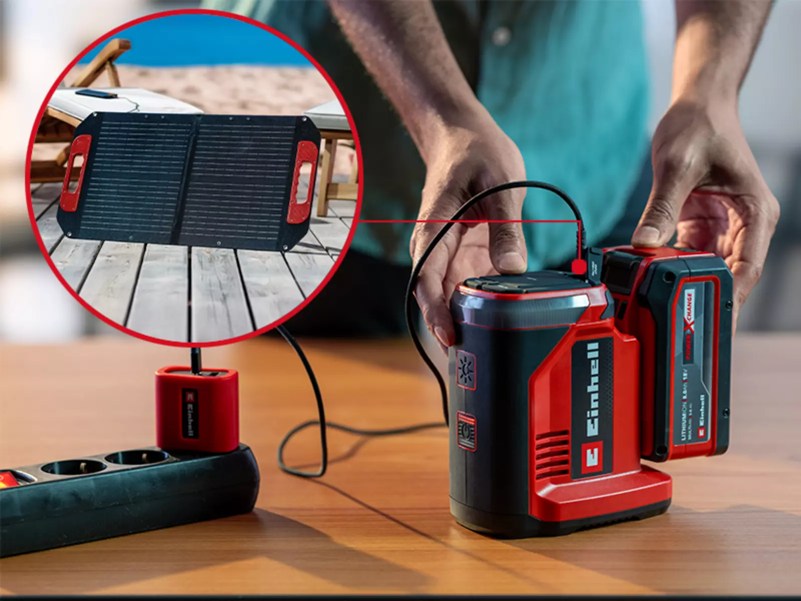 Einhell cordless energy station TE-ES 18/150/1 Li-C-Solo on a table, powered by Power X-Change battery or separately available solar module; the battery can also be charged in the station via mains cable.