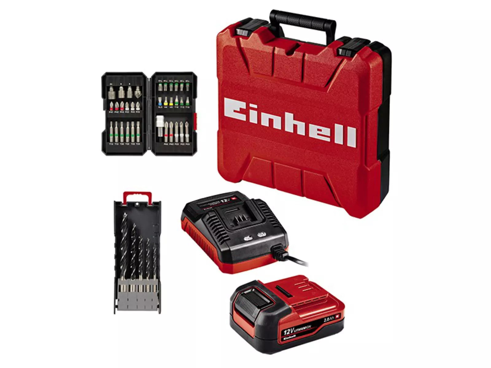 Accessory set of the Einhell cordless drill driver TE-CD 12/1 3X-Li +39 (1×2.0 Ah) with carrying case, bit set, drill set, charger, and battery.