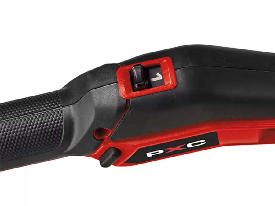 Einhell GE-CT 36/35 Li BL-Solo Akülü Kenar Kesme Makinesinin tutma kolundaki hız ayarının yakından görünümü.