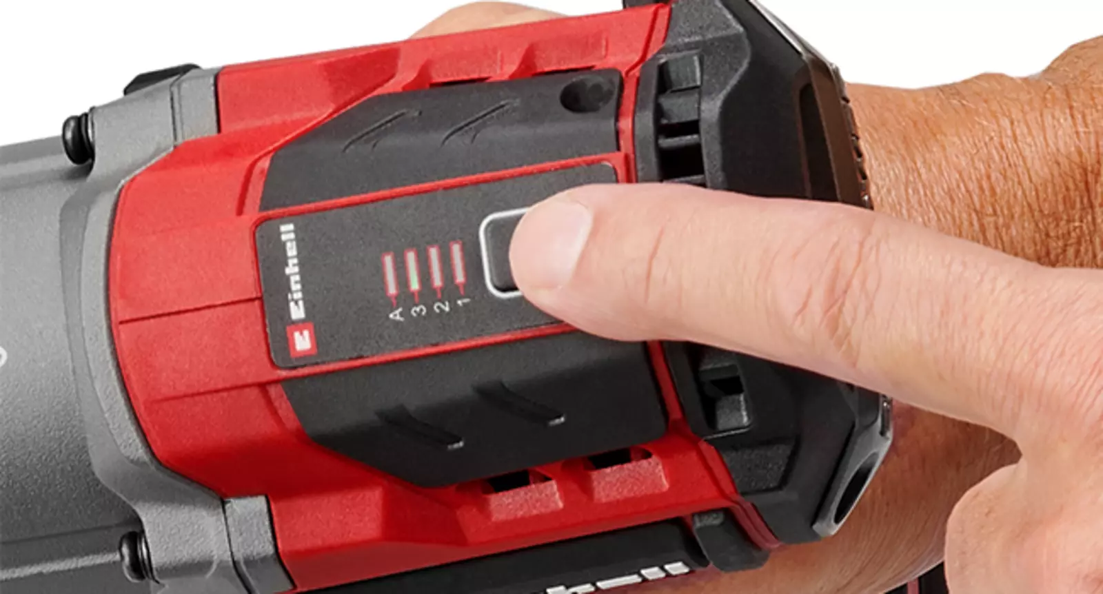 A finger points to the speed control button on the Einhell cordless impact wrench TP-CW 18/750-C Li BL.