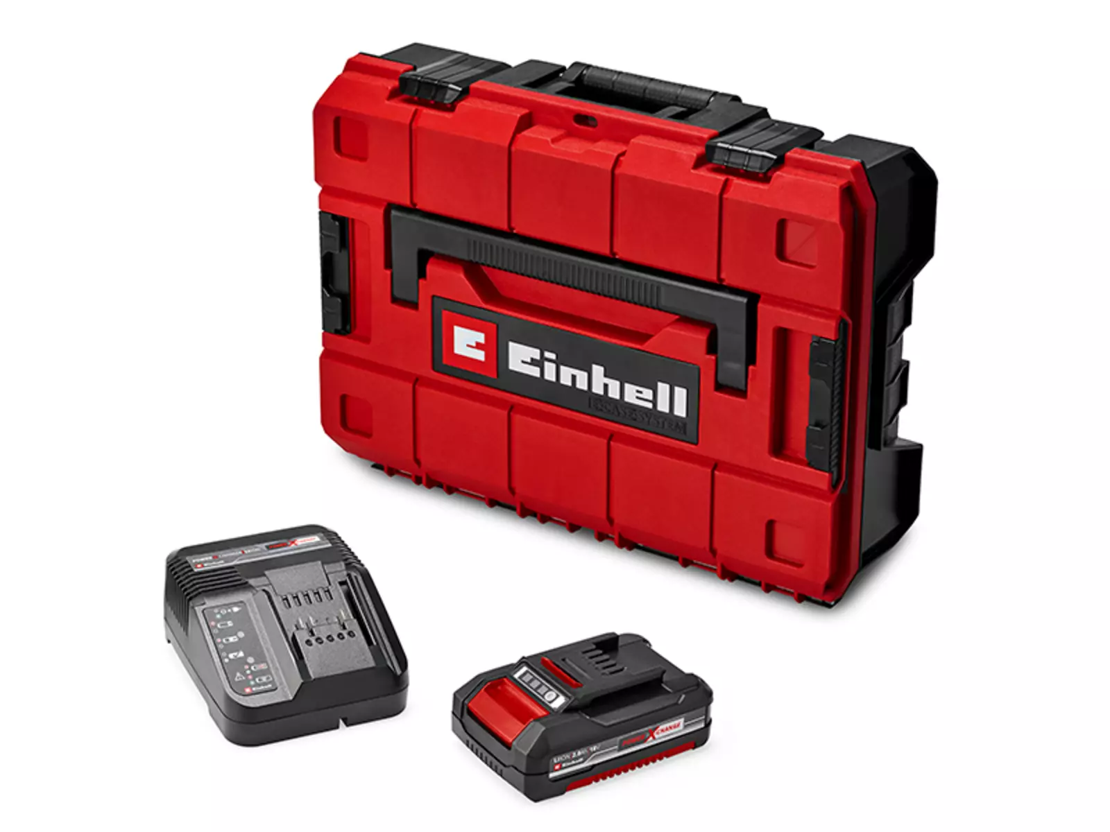 Scope of delivery of the Einhell cordless impact drill driver TP-CD 18/60 Li-i S-F (1x2.0 Ah) with red transport case, Power X-Change charger, and 18V 2.0 Ah Li-Ion battery.