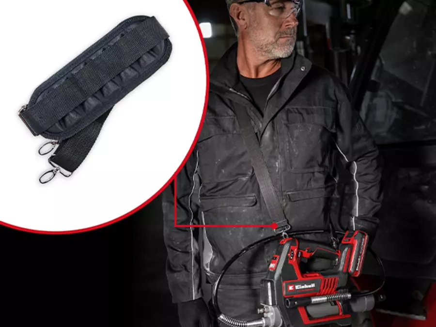 A man carries the Einhell cordless grease gun TP-GR 18/690 Li - Solo on a padded shoulder strap, which is shown enlarged in a circle.