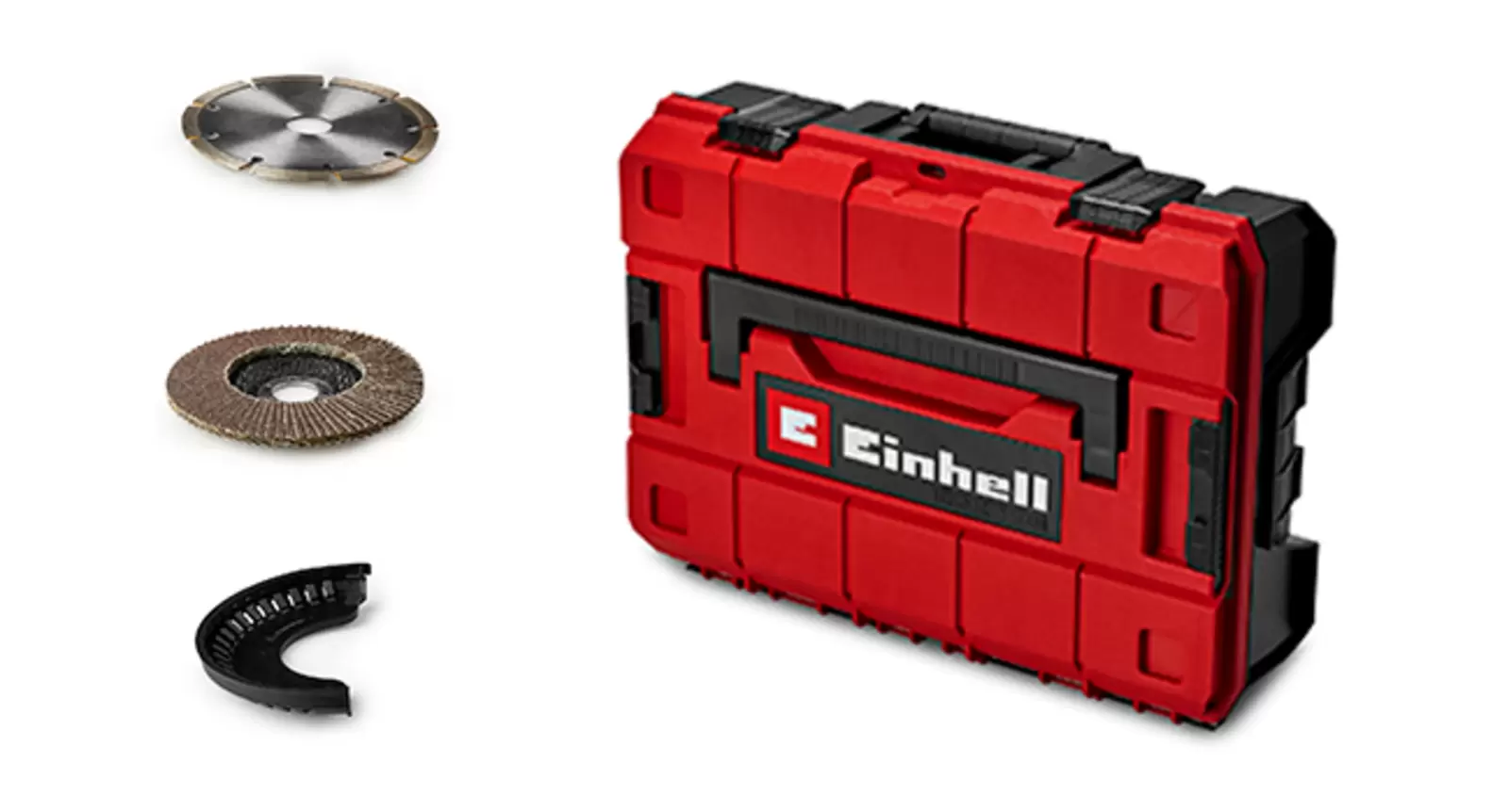 Accessory set for the Einhell Cordless Angle Grinder TP-AG 18/125 CE +3 Set - Solo with cutting discs, flange, and red case.