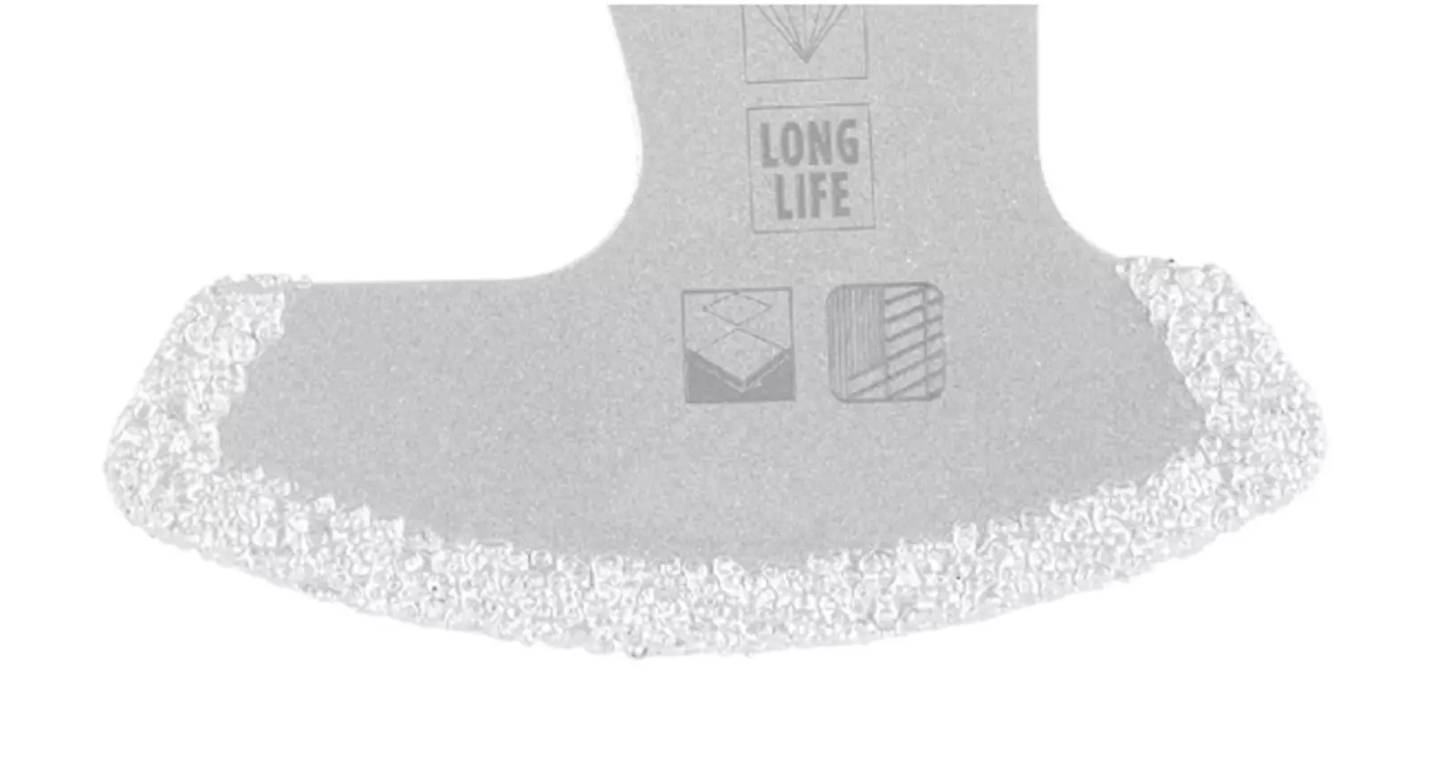 Close-up of the diamond-coated cutting edge of the segment blade with clearly visible icons for long service life and tile work.