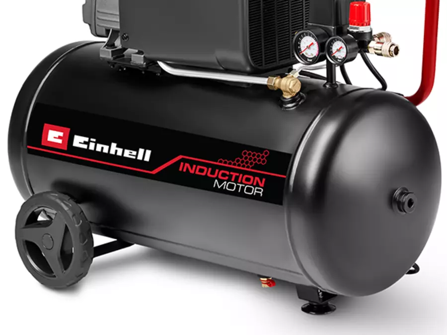 Der Einhell Kompressor TC-AC 270/50/10 mit großem, schwarzem Drucklufttank und Einhell-Logo auf weißem Hintergrund.