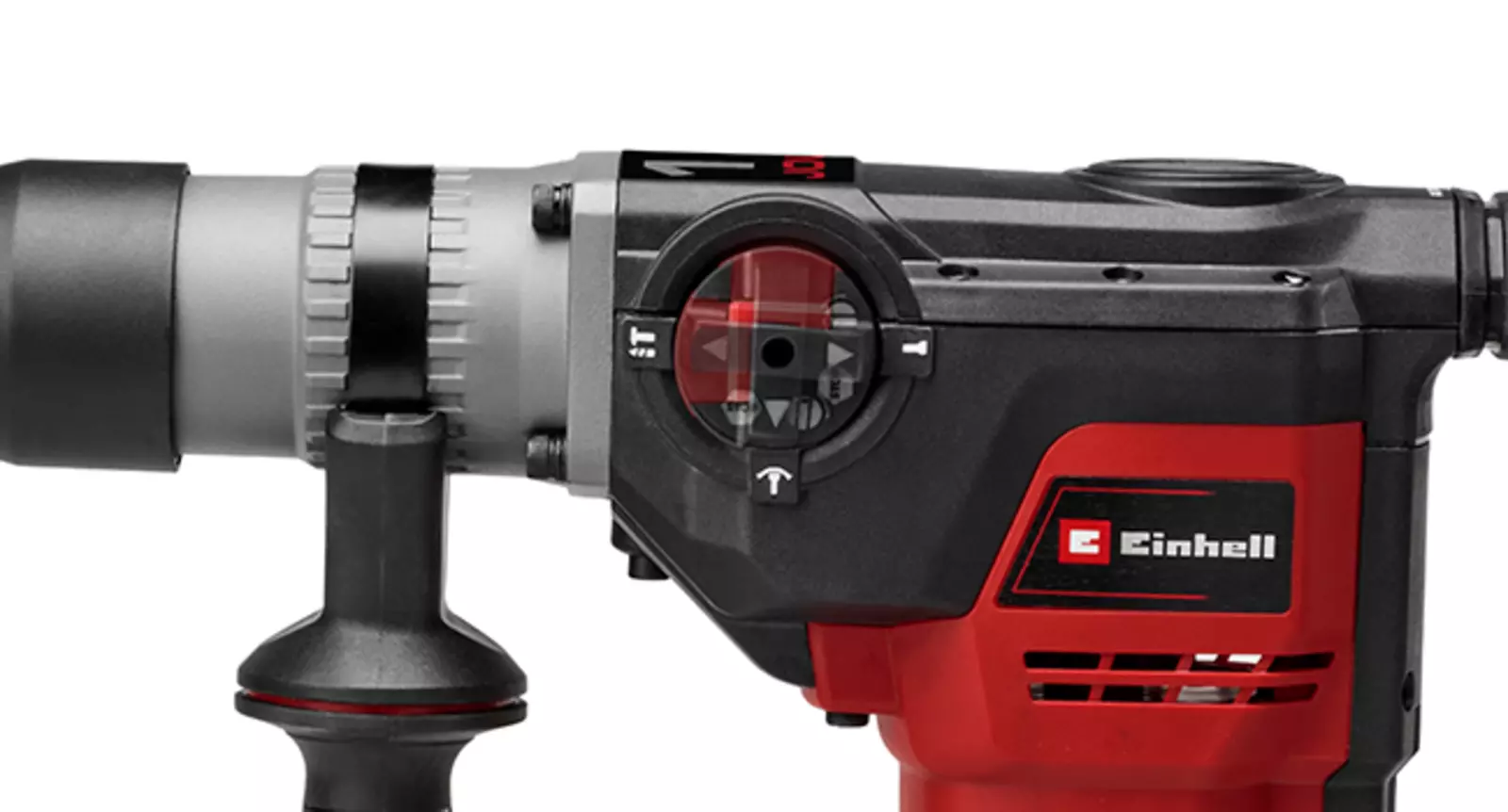 Close-up do interruptor rotativo no martelo perfurador Einhell TE-RH 40/15 3F +2 para perfuração com martelo e cinzelamento com ou sem fixação.