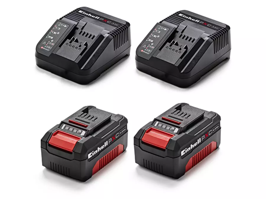 Escopo de fornecimento do Einhell corta-relva a bateria com duas baterias Power X-Change e dois carregadores.