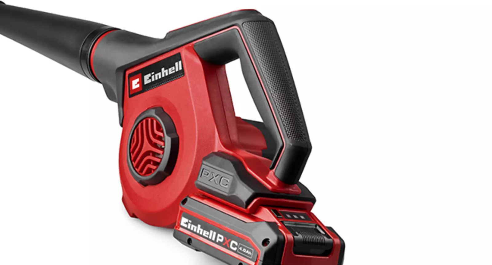Nahaufnahme des Einhell Akku-Bläsers TE-CB 18/270 Li mit ergonomischem Griff und Softgrip-Oberfläche auf weißem Hintergrund.